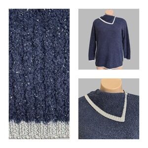 Crown‎ & Ivy Glitter Bouclé Knit Sweater Womens XL Blue Cowl Neck Metallic Trim